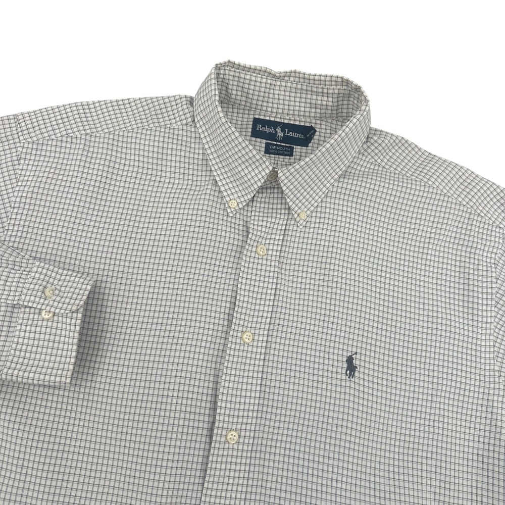 Ralph Lauren Yarmouth Mens 17 34/35 Grey White Check Cotton Button Down Shirt